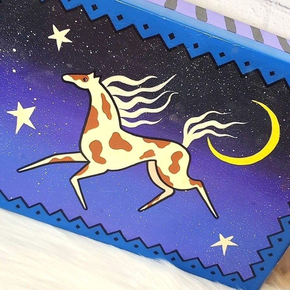 Y2K Handpainted Horse Stars & Moon Galaxy Purple Large Felt Lined Wooden Box - Picture 3 of 17